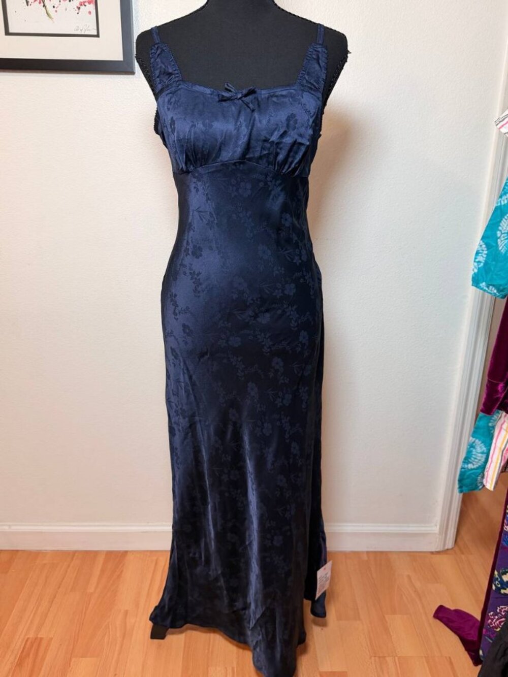ASOS Old Money Romantic Homecoming Prom Navy Satin Floral Slip Dress Sz 6  NWT
